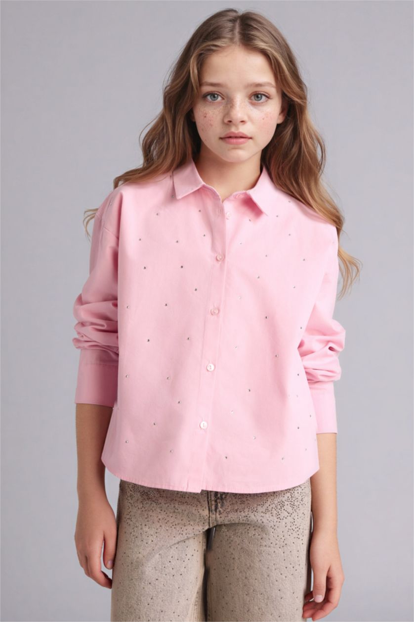 بناتي زهري قميص بناتي كم طويل بوبلين قصة عادية