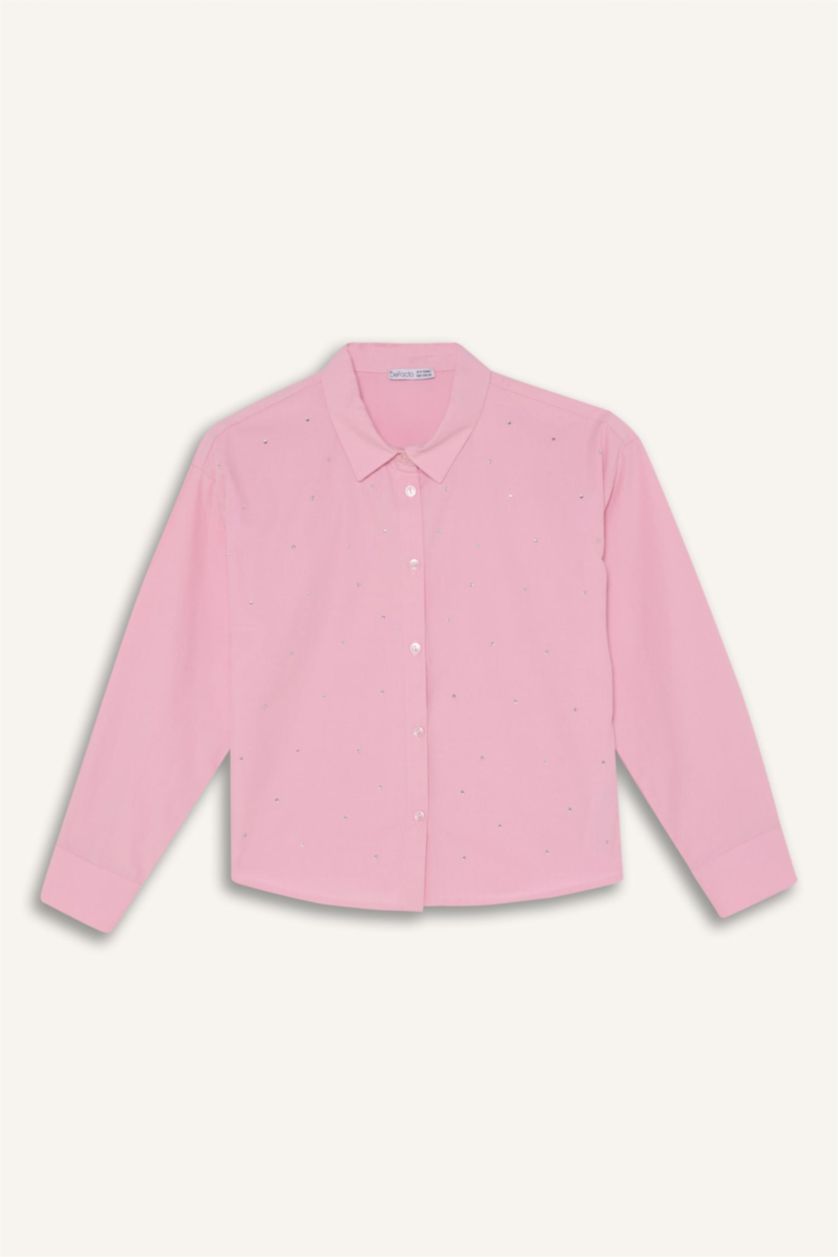 بناتي زهري قميص بناتي كم طويل بوبلين قصة عادية