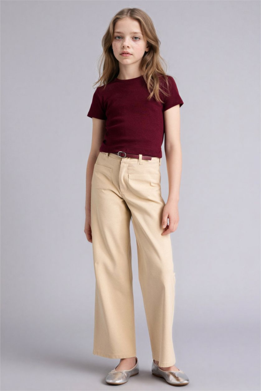 Kız Çocuk - Genç Kız Bej Wıde Leg Esnek Bantlı Paça Pantolon Kız Çocuk