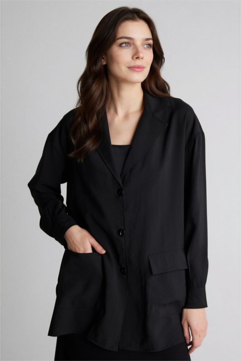 WOMAN Black Relax Fit Woven Striped Long Sleeve Tunic