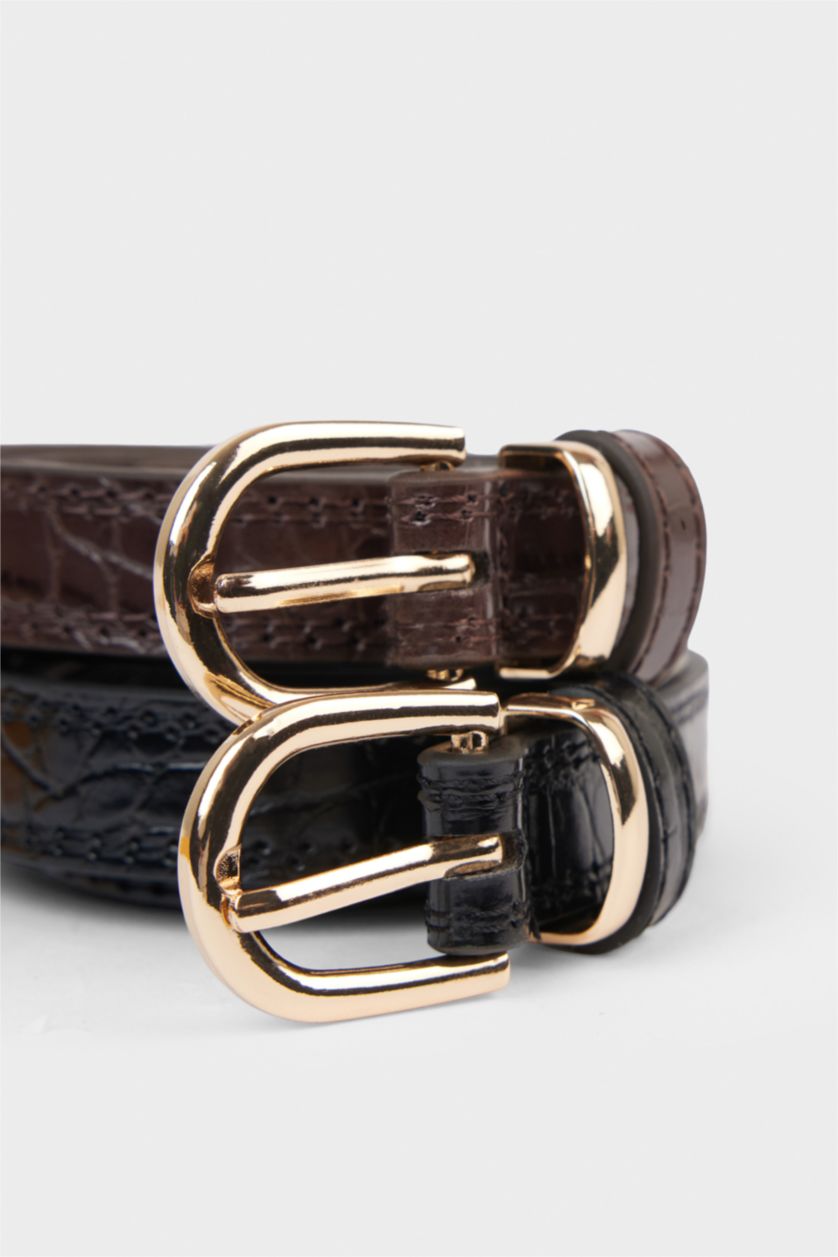 Kadın Karma Kadın Dikdörtgen Toka Suni Deri 2'li Klasik Kemer