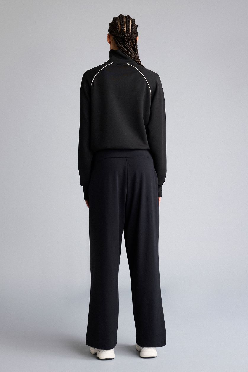 Kadın Siyah Wide Leg Cepli Geniş Paça Beli Lastikli Uzun Sporcu Pantolon