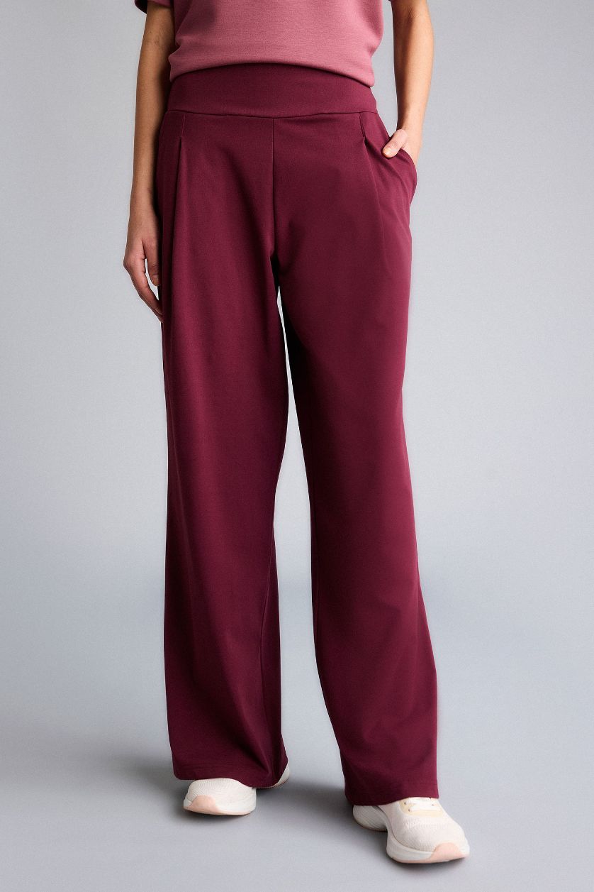 Kadın Bordo Wide Leg Cepli Geniş Paça Beli Lastikli Uzun Sporcu Pantolon