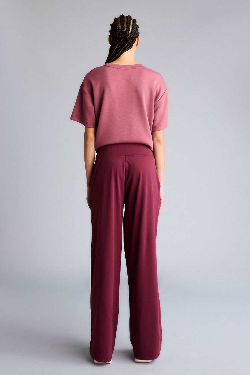 Kadın Bordo Wide Leg Cepli Geniş Paça Beli Lastikli Uzun Sporcu Pantolon