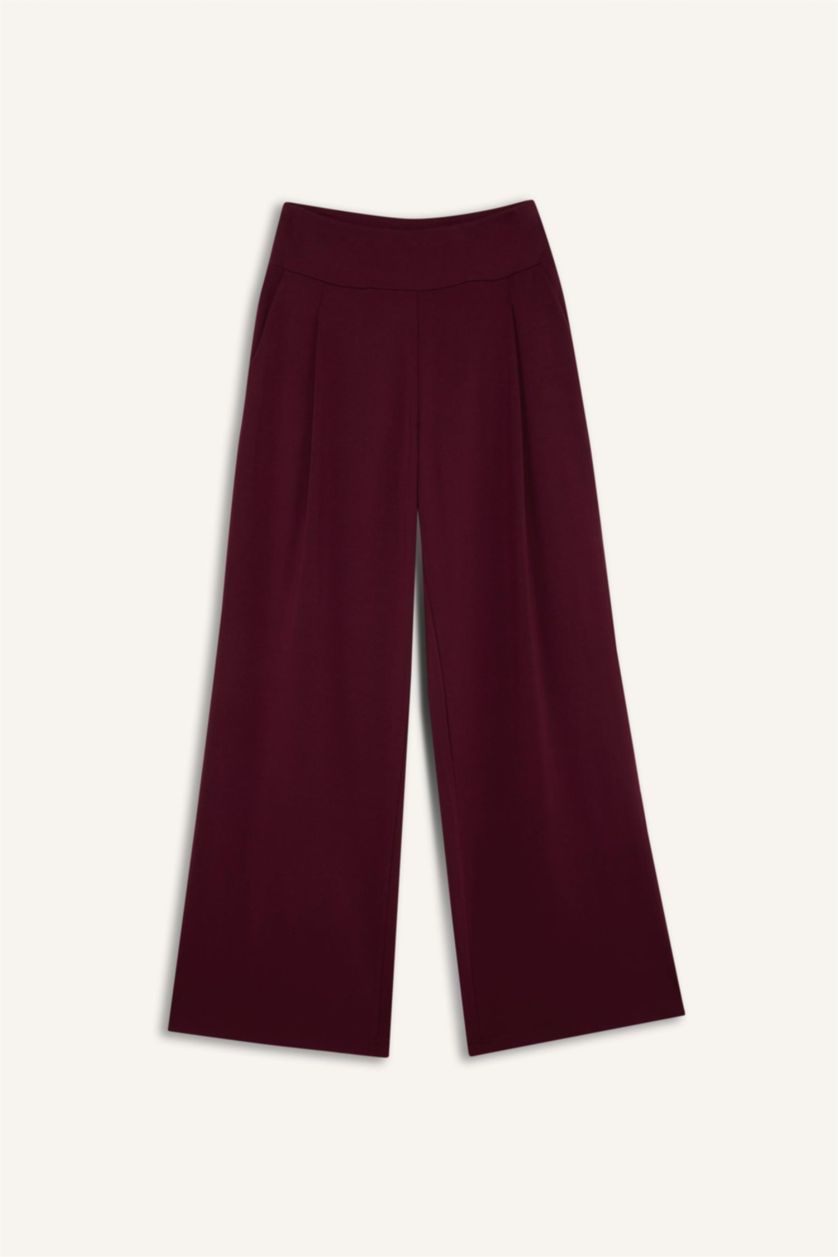 Kadın Bordo Wide Leg Cepli Geniş Paça Beli Lastikli Uzun Sporcu Pantolon