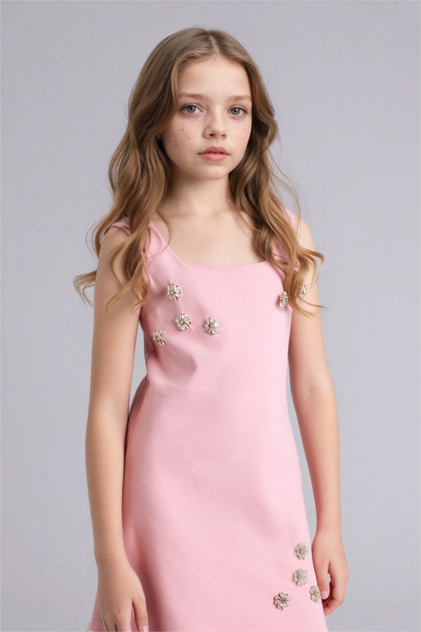 Kız Çocuk - Genç Kız Pembe Taş Detaylı Askılı Elbise Kız Çocuk