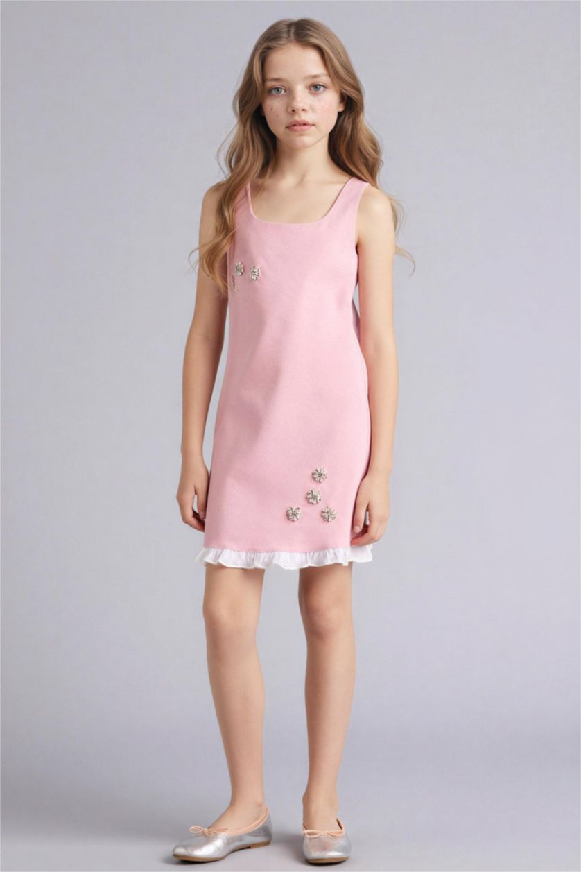 Kız Çocuk - Genç Kız Pembe Taş Detaylı Askılı Elbise Kız Çocuk