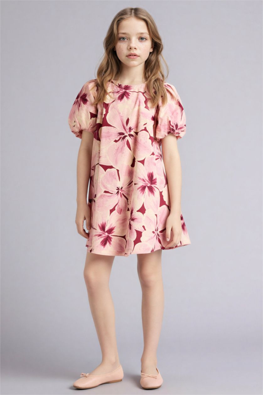 Kız Çocuk - Genç Kız Pembe Desenli Pamuklu Elbise Kız Çocuk
