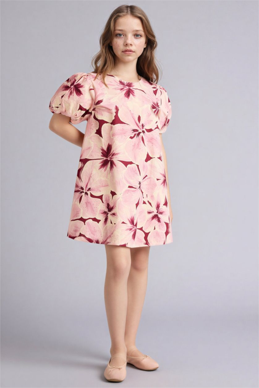 Kız Çocuk - Genç Kız Pembe Desenli Pamuklu Elbise Kız Çocuk