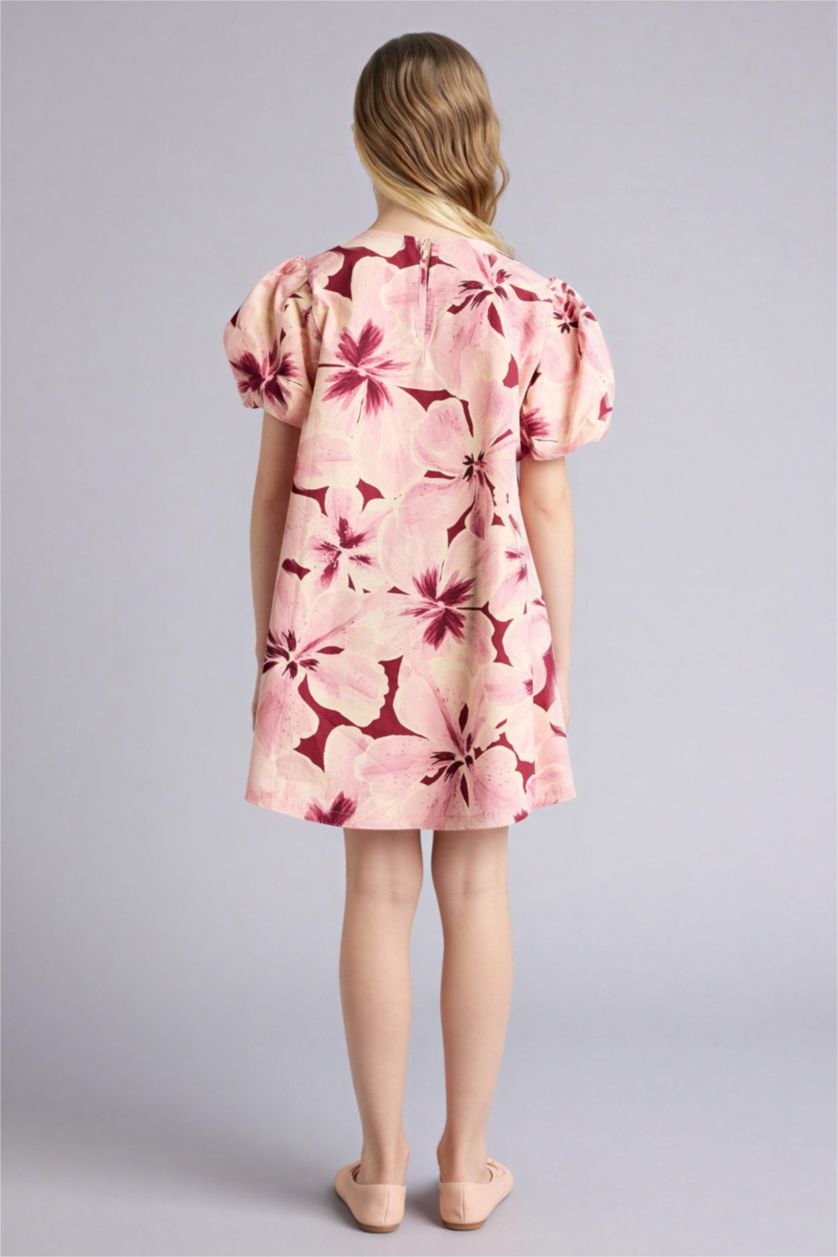 Kız Çocuk - Genç Kız Pembe Desenli Pamuklu Elbise Kız Çocuk