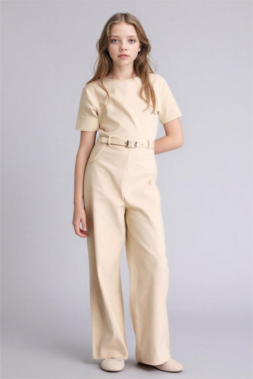 Kız Çocuk - Genç Kız Bej Kemer Detaylı Tulum Kız Çocuk