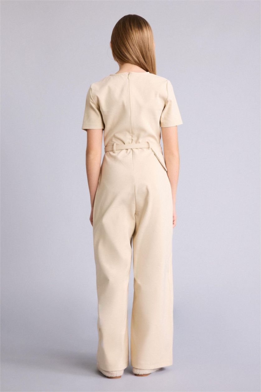 Kız Çocuk - Genç Kız Bej Kemer Detaylı Tulum Kız Çocuk