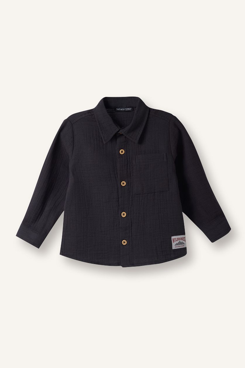 BABY BOY Dark Anthracite Boy Polo Collar Muslin Long Sleeve Shirt