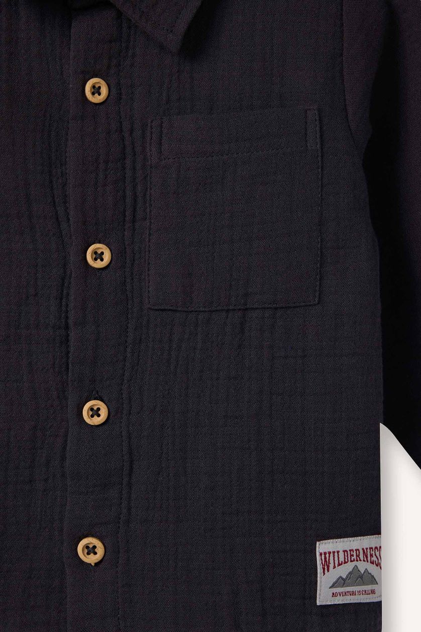 BABY BOY Dark Anthracite Boy Polo Collar Muslin Long Sleeve Shirt