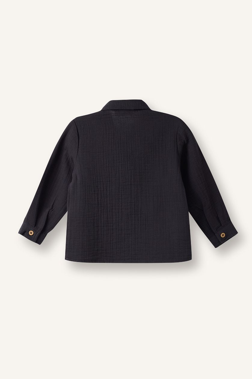 BABY BOY Dark Anthracite Boy Polo Collar Muslin Long Sleeve Shirt