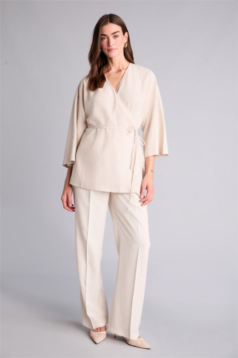 Әйелдерге Сұр Oversize айқаспа жағалы зығыр аралас ұзын жеңді блузка