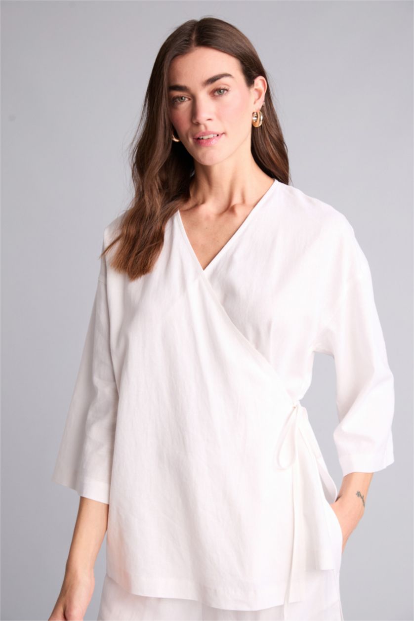 Әйелдерге АҚ Oversize айқаспа жағалы зығыр аралас ұзын жеңді блузка