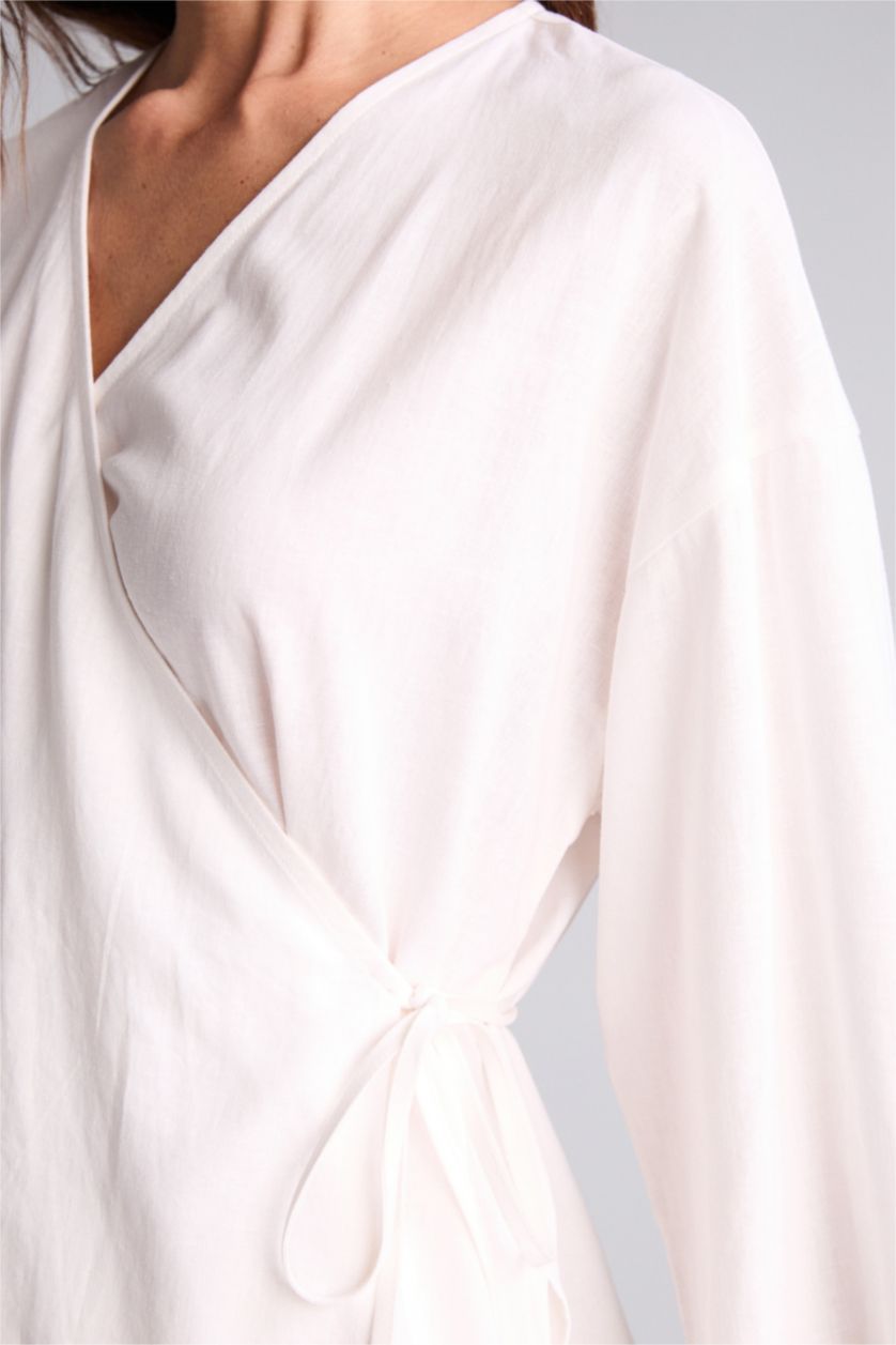 Әйелдерге АҚ Oversize айқаспа жағалы зығыр аралас ұзын жеңді блузка