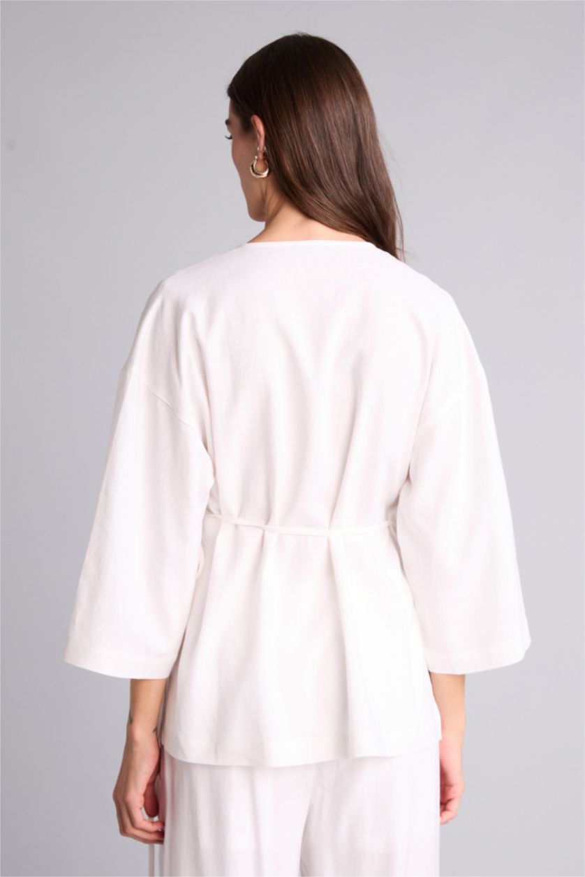 Әйелдерге АҚ Oversize айқаспа жағалы зығыр аралас ұзын жеңді блузка