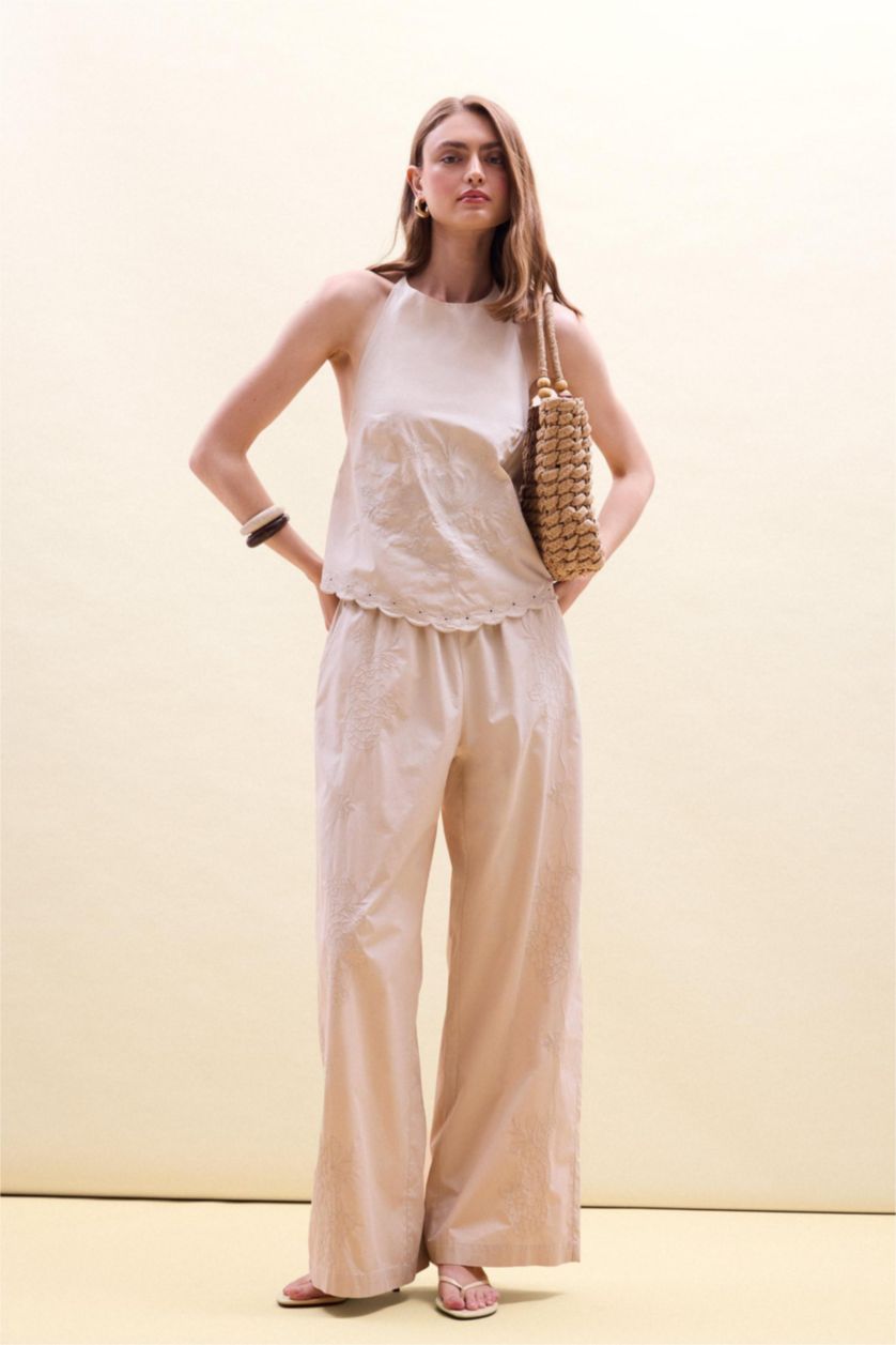 Kadın Bej %100 Pamuk Wide Leg Poplin Düz Paça Pantolon