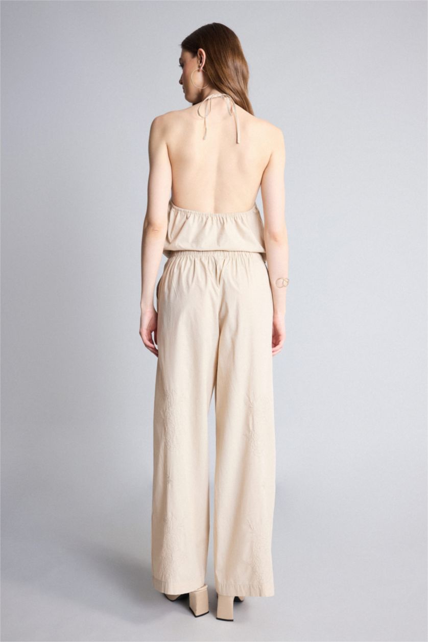 Women Beige Normal Waist Wide Leg Trousers
