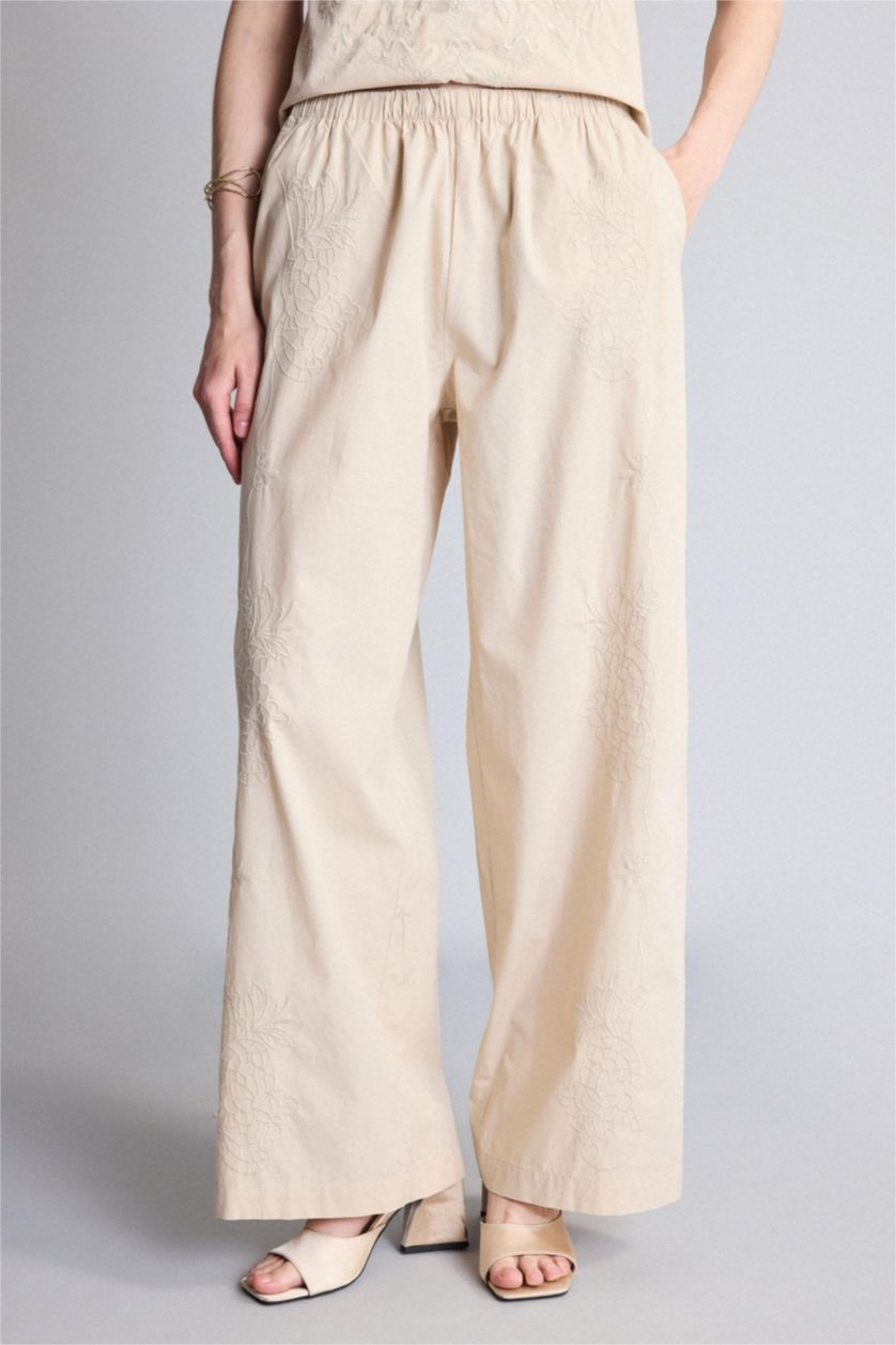 Kadın Bej %100 Pamuk Wide Leg Poplin Düz Paça Pantolon