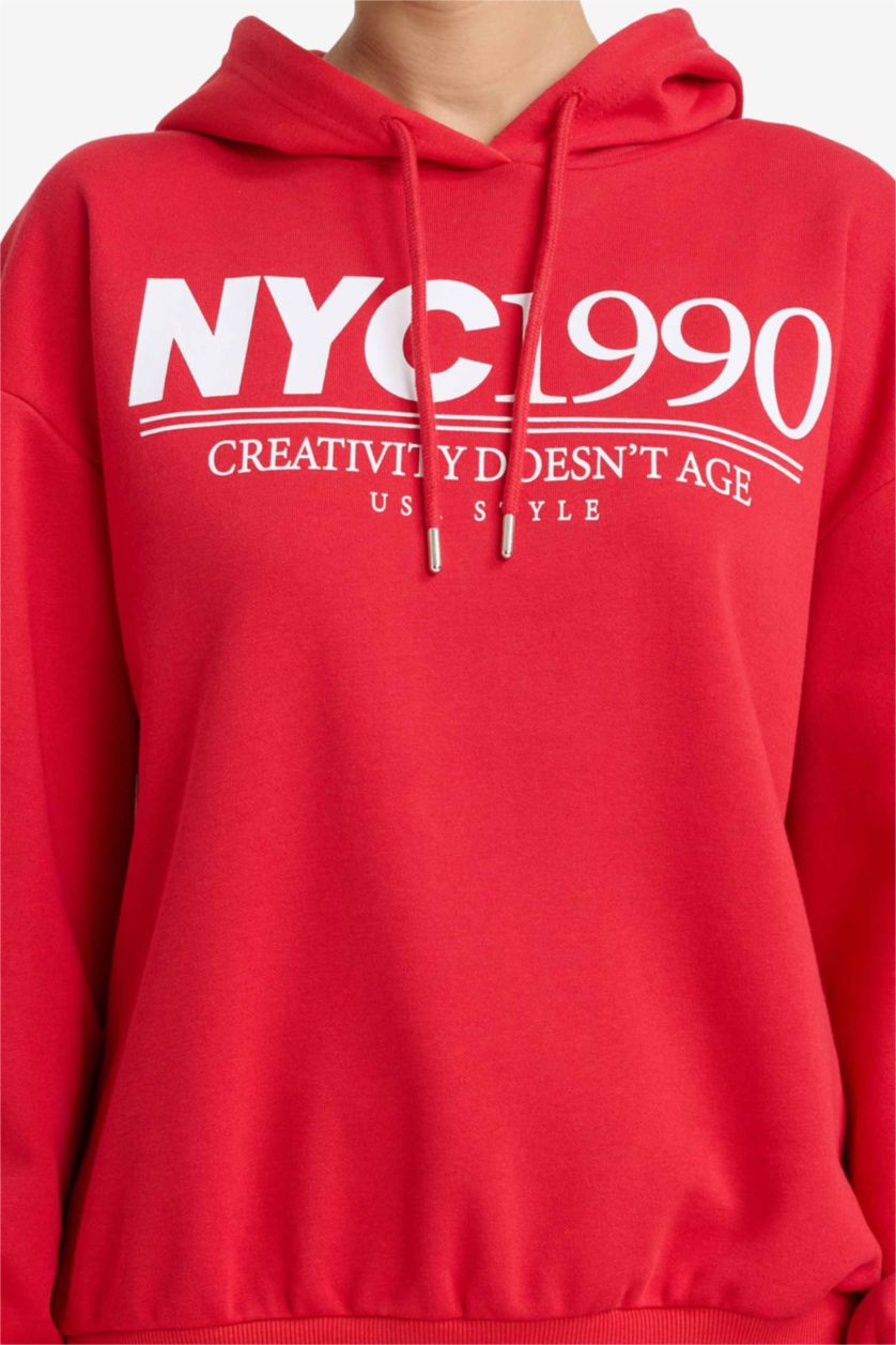 Kadın Kırmızı Relax Fıt Kapüşonlu Baskılı Kalın Sweatshirt Kumaşı Sweatshirt