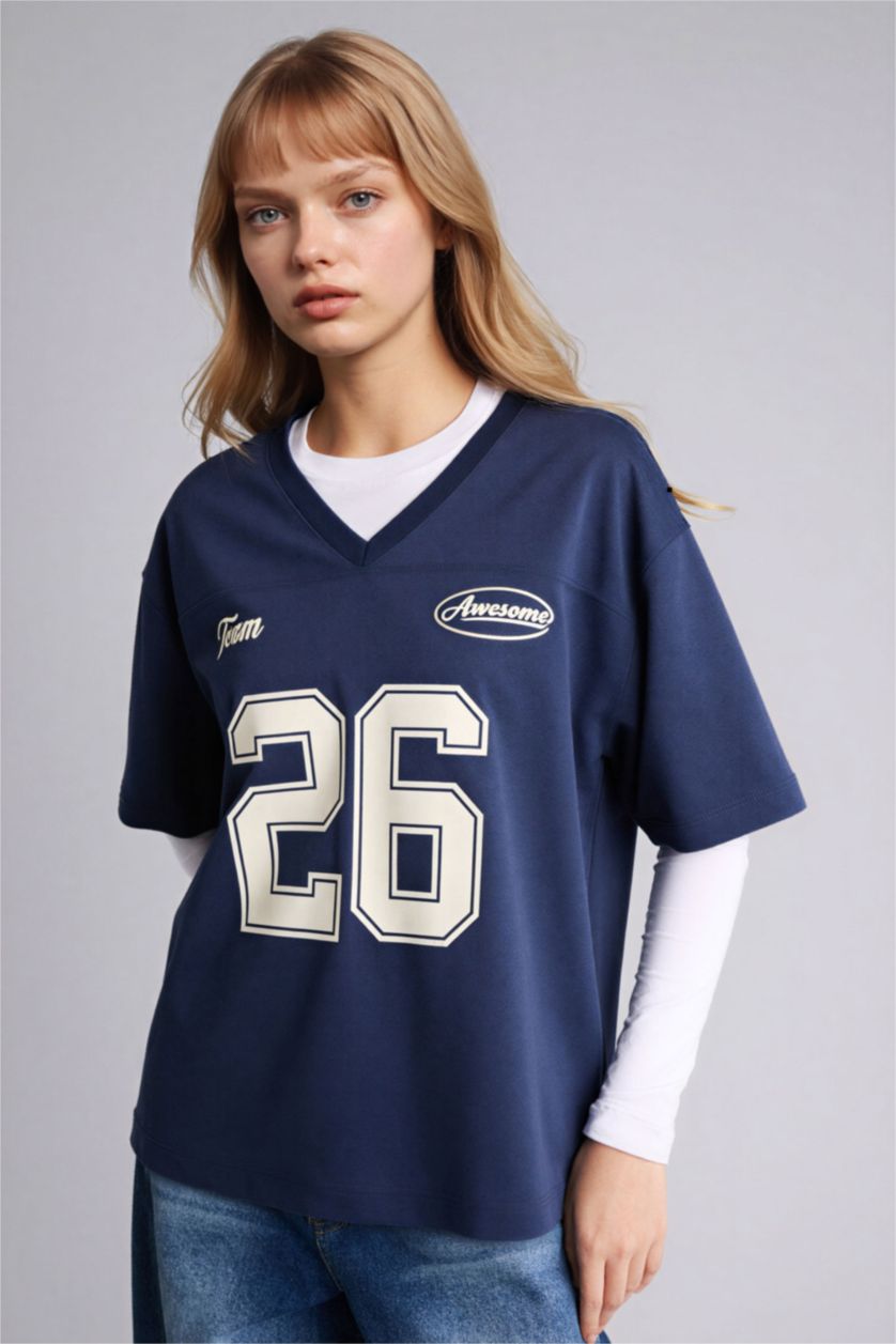 WOMAN NAVY Oversize Fit Printed Short Sleeve T-Shirt