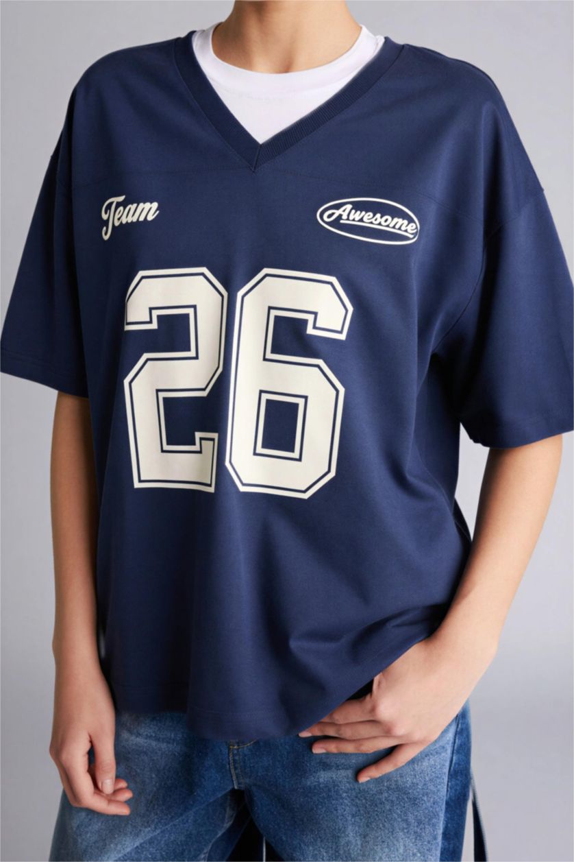 WOMAN NAVY Oversize Fit Printed Short Sleeve T-Shirt