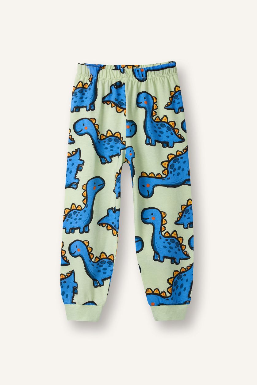 Erkek Bebek Açık Yeşil %100 Pamuklu Dinozor Desenli Beli Lastikli Pijama Takımı Erkek Bebek