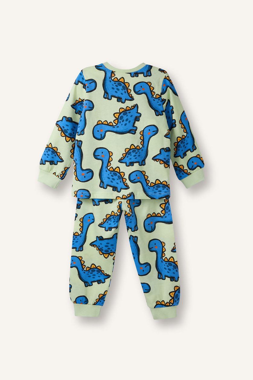 Erkek Bebek Açık Yeşil %100 Pamuklu Dinozor Desenli Beli Lastikli Pijama Takımı Erkek Bebek