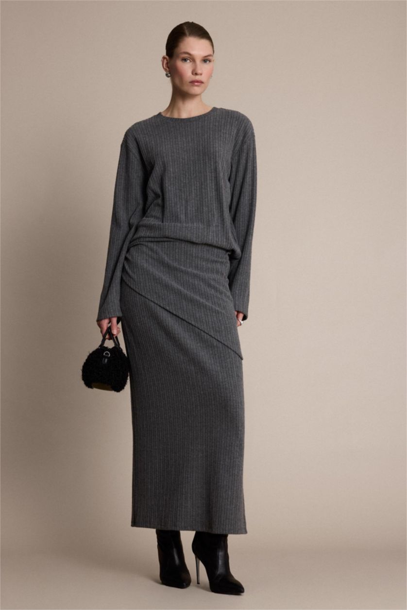 Woman Anthracite Melange A Cut Camisole Normal Waist Midi Knitted Skirt