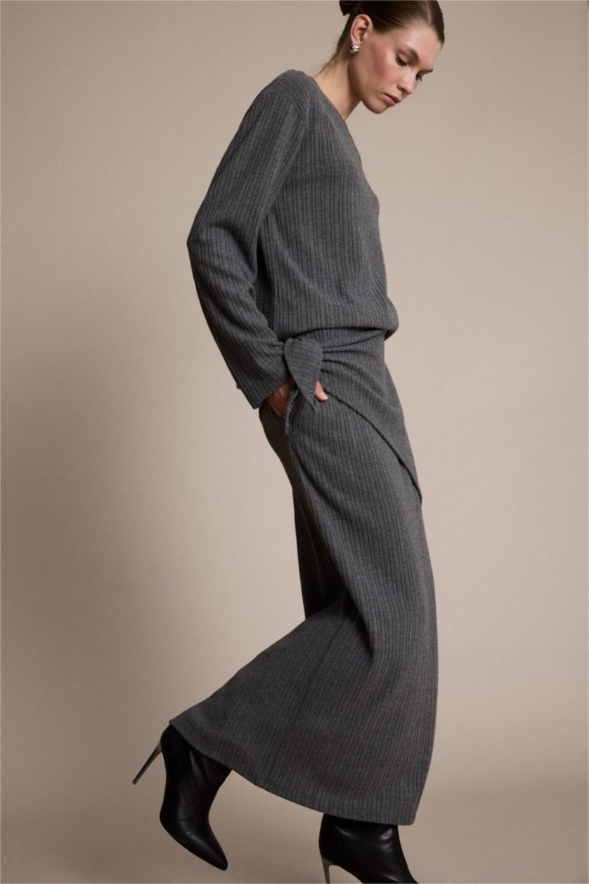 Woman Anthracite Melange A Cut Camisole Normal Waist Midi Knitted Skirt