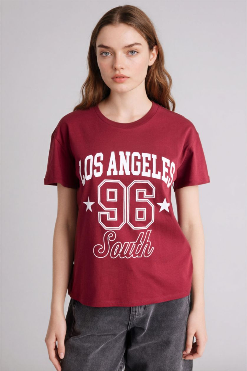 WOMAN Bordeaux Oversize Fit Printed Short Sleeve T-Shirt