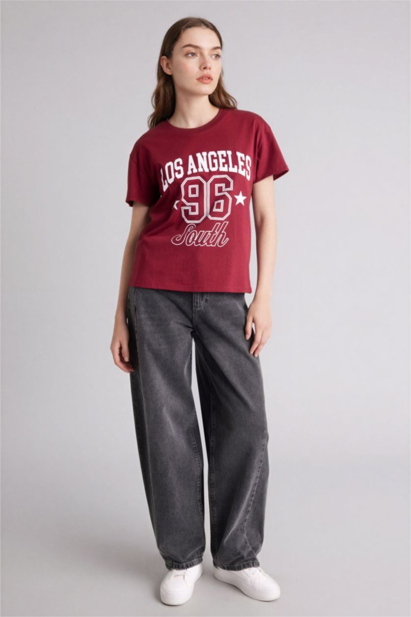 WOMAN Bordeaux Oversize Fit Printed Short Sleeve T-Shirt