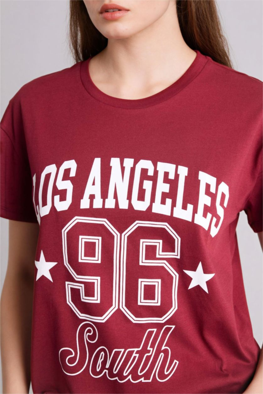 WOMAN Bordeaux Oversize Fit Printed Short Sleeve T-Shirt
