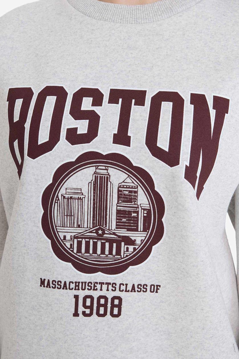 Kadın Gri Melanj Oversıze Baskılı Kalın Sweatshirt