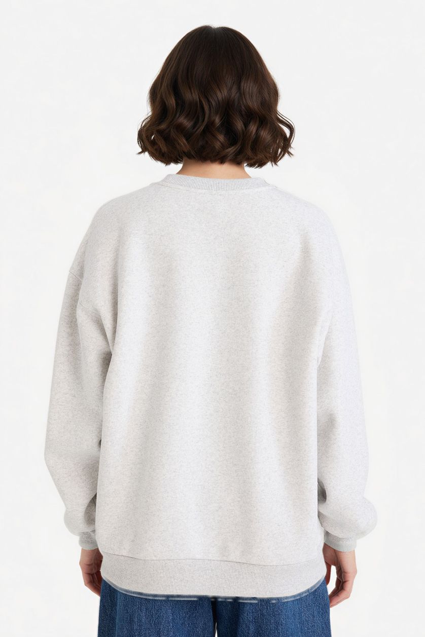 Kadın Gri Melanj Oversıze Baskılı Kalın Sweatshirt