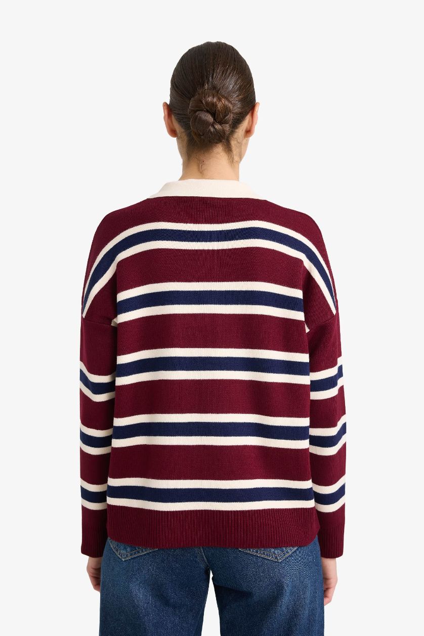 Kadın Bordo Oversıze Polo Yaka Çizgili Kazak