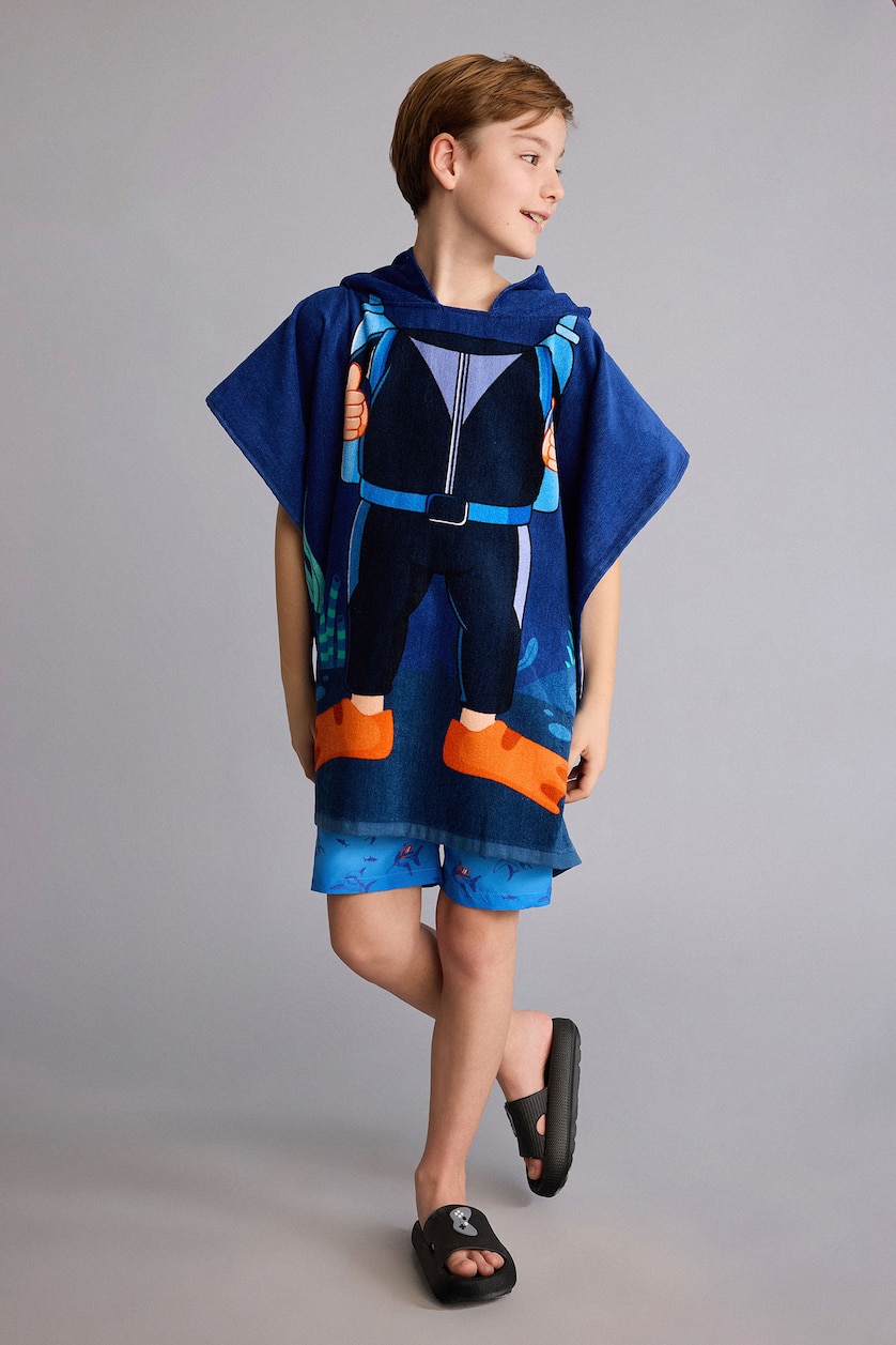 Young Boys - Teen Boys Royal Boy Printed Cotton Poncho Towel