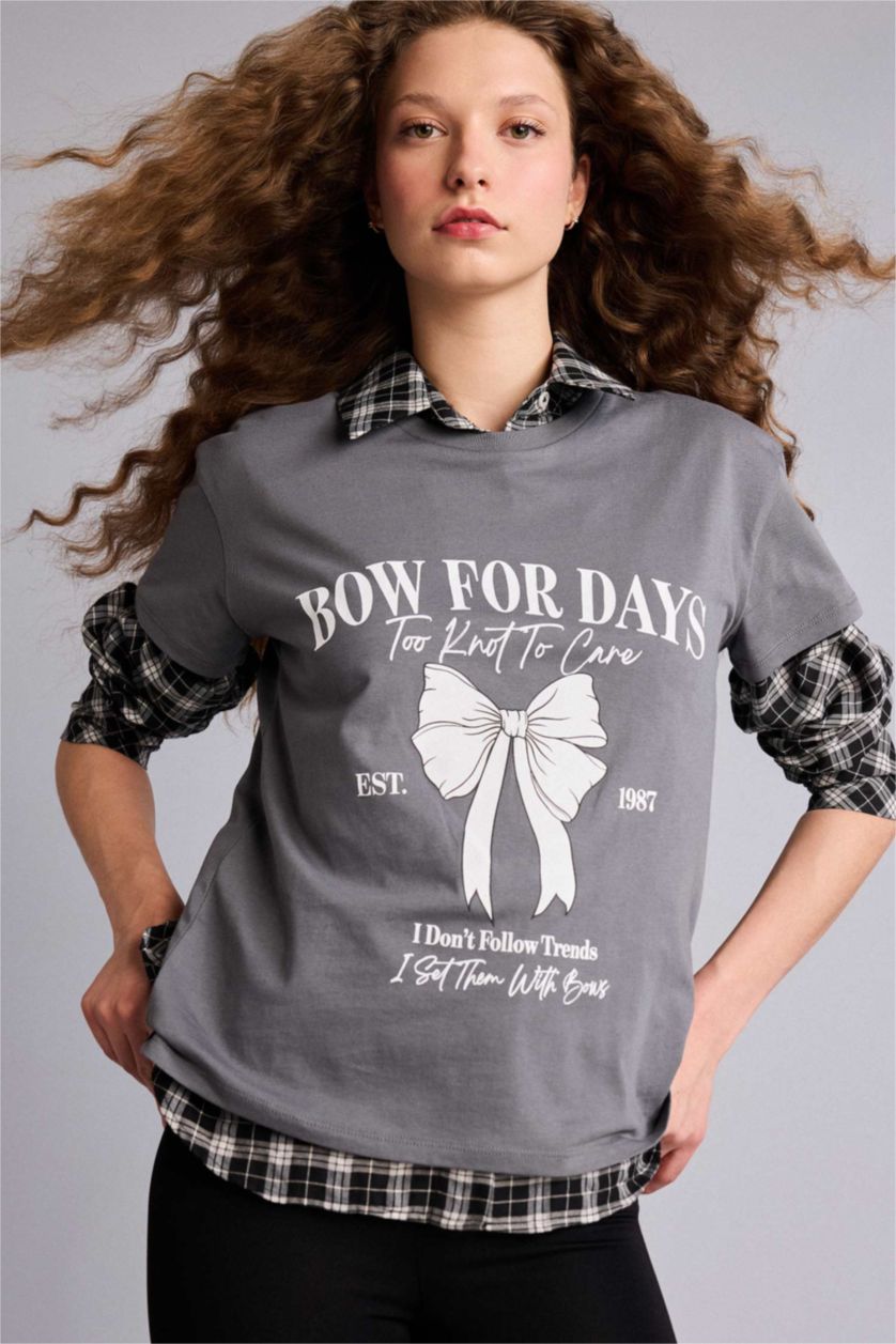 WOMAN Grey Printed Short Sleeve Oversize T-Shirt