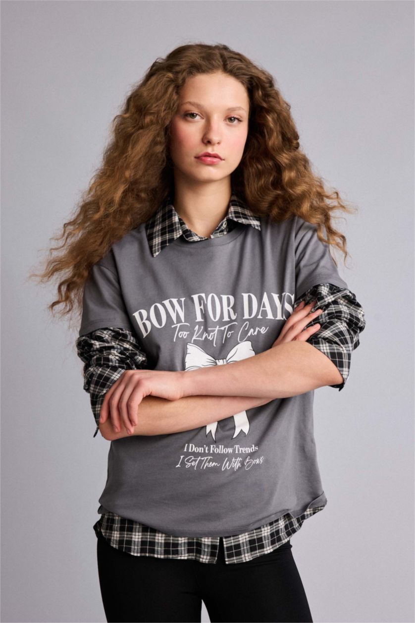 WOMAN Grey Printed Short Sleeve Oversize T-Shirt