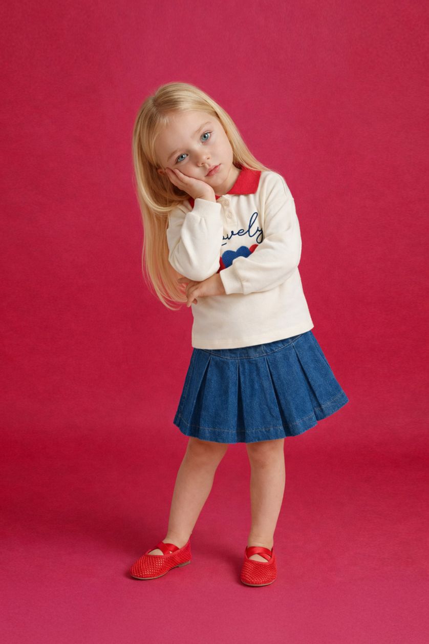 Kız Bebek Mavi Beli Lastikli Pileli Jean Şort Etek Kız Bebek