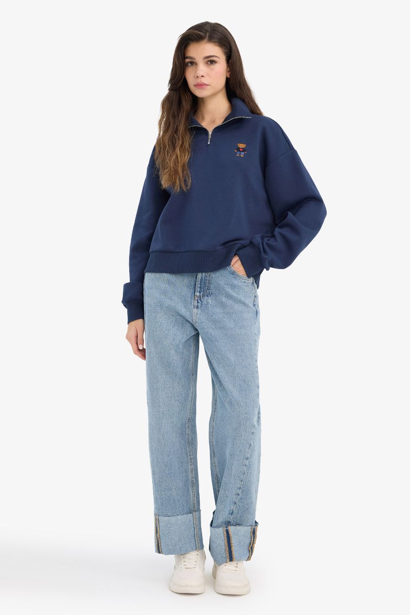 Kadın Lacivert Oversize Geniş Kalıp Yarım Fermuarlı Baskılı Kalın Sweatshirt