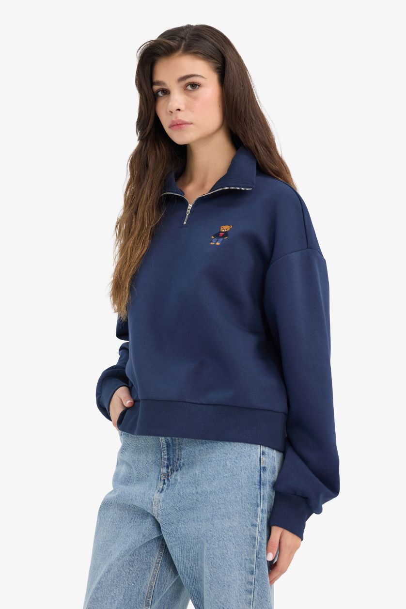 Kadın Lacivert Oversize Geniş Kalıp Yarım Fermuarlı Baskılı Kalın Sweatshirt