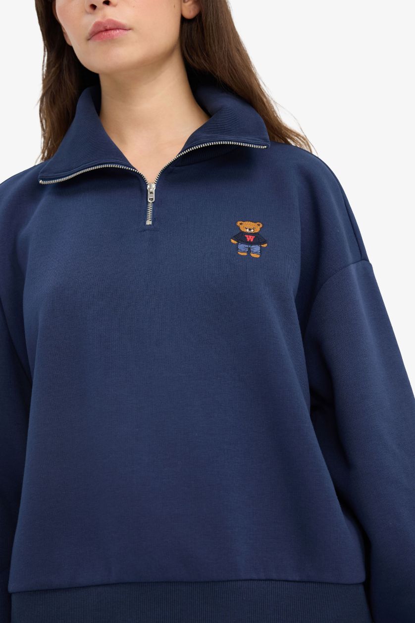 Kadın Lacivert Oversize Geniş Kalıp Yarım Fermuarlı Baskılı Kalın Sweatshirt