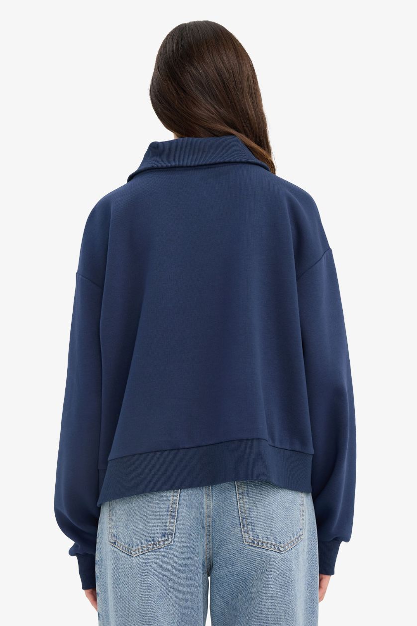 Kadın Lacivert Oversize Geniş Kalıp Yarım Fermuarlı Baskılı Kalın Sweatshirt