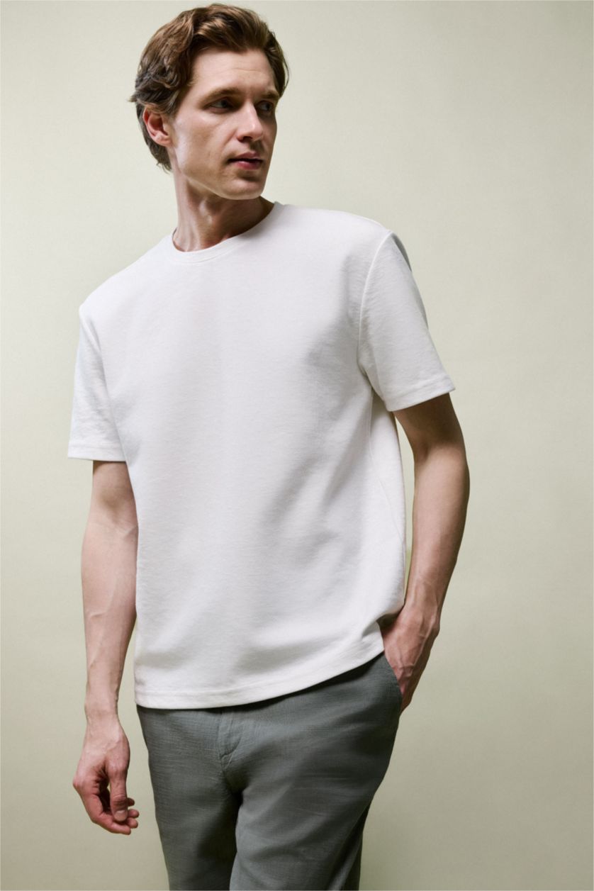 Erkek Ekru Regular Fıt Kısa Kollu Tişört