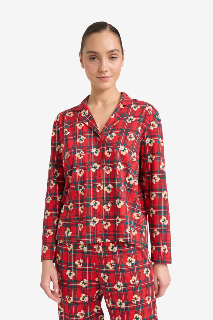 نساء أحمر سيت بجامة كاروهات قطن قصة عادية بطبعة دب - قطعتين