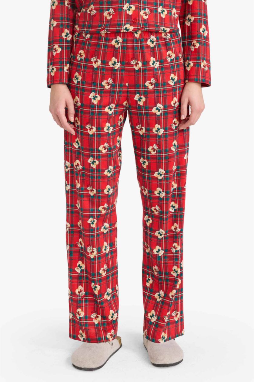 نساء أحمر سيت بجامة كاروهات قطن قصة عادية بطبعة دب - قطعتين